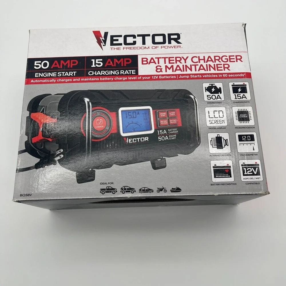 Vector BC15BV 15 Amp Automatic 12V Battery Charger & Maintainer with 50 Amp Engi
